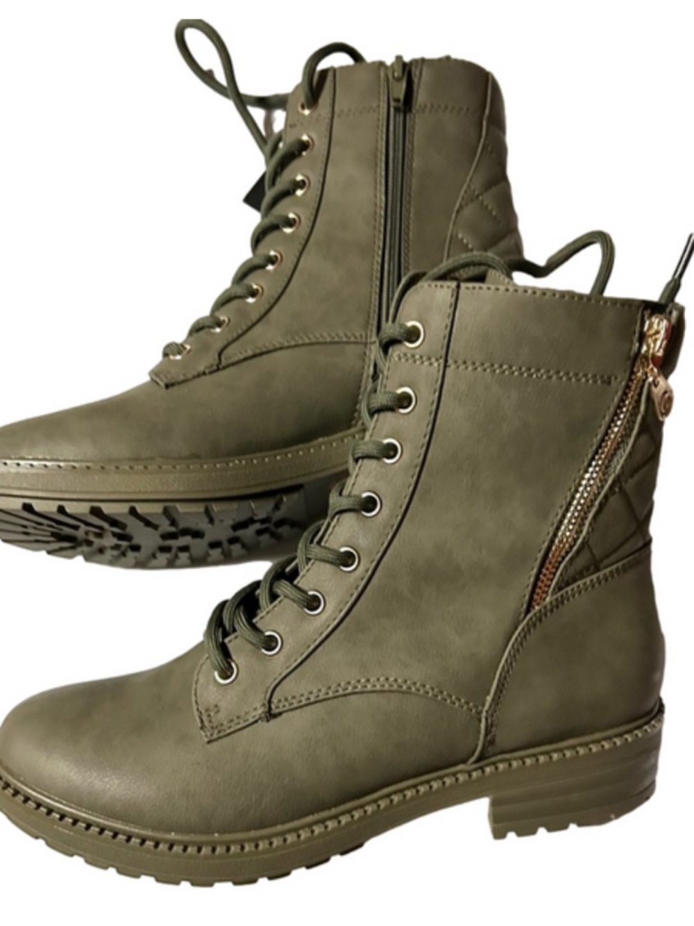 GBG Los Angeles Olive Lace-Up Combat Boots with Side Zip